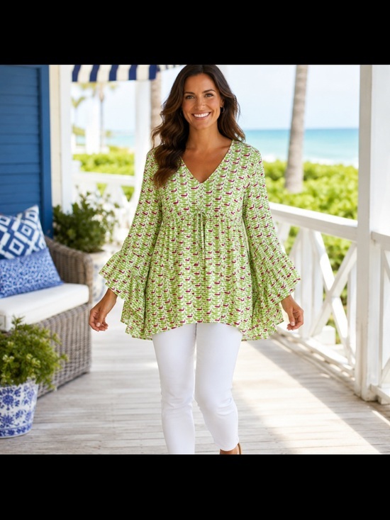 escapada Tops - Escapada Beach Green Pink Whale Print Bell Sleeve Tie Waist Tunic Top Small
